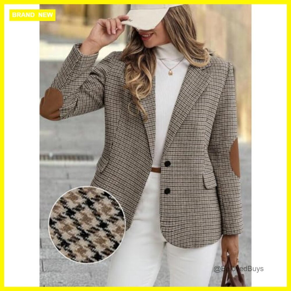 Tweed Blazer with Houndstooth Plaid Full Lining Pockets Business Casual - Picture 3 of 7